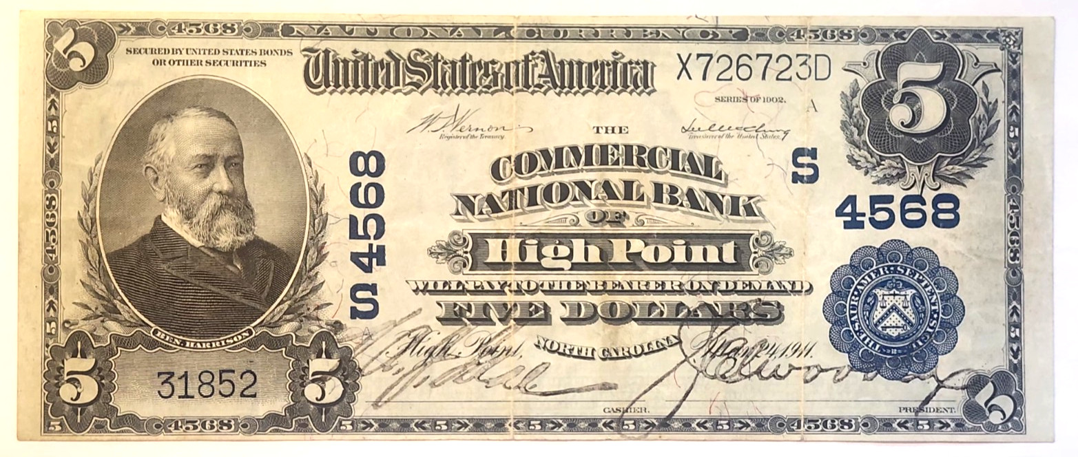 $5 FIVE DOLLARS HIGH POINT N.C. SERIES 1902 NATIONAL CURRENCY NOTE