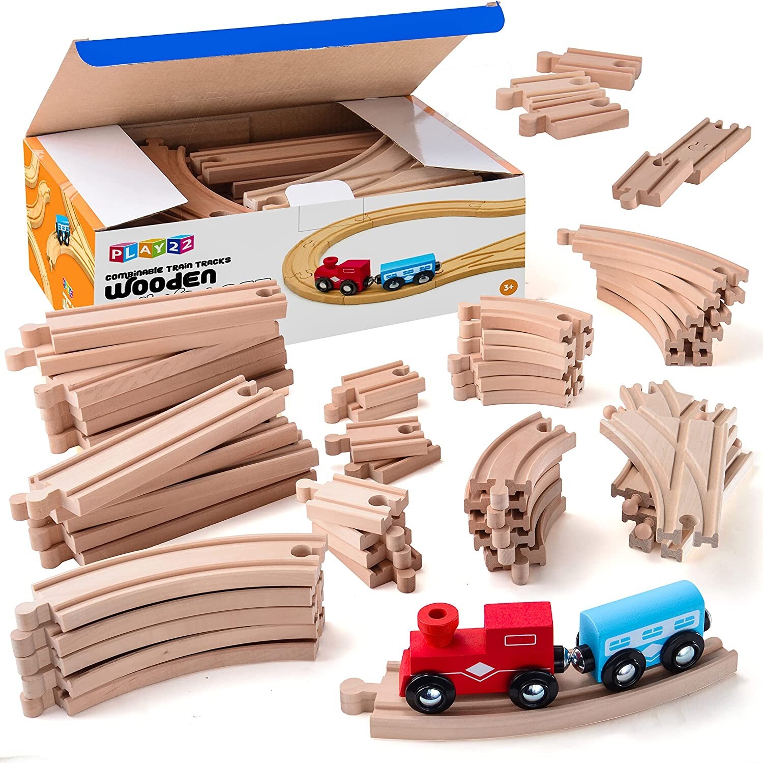 52PCS  Wooden Train Track Pack Set Wooden Train Set With 2 Bonus Toy Trains