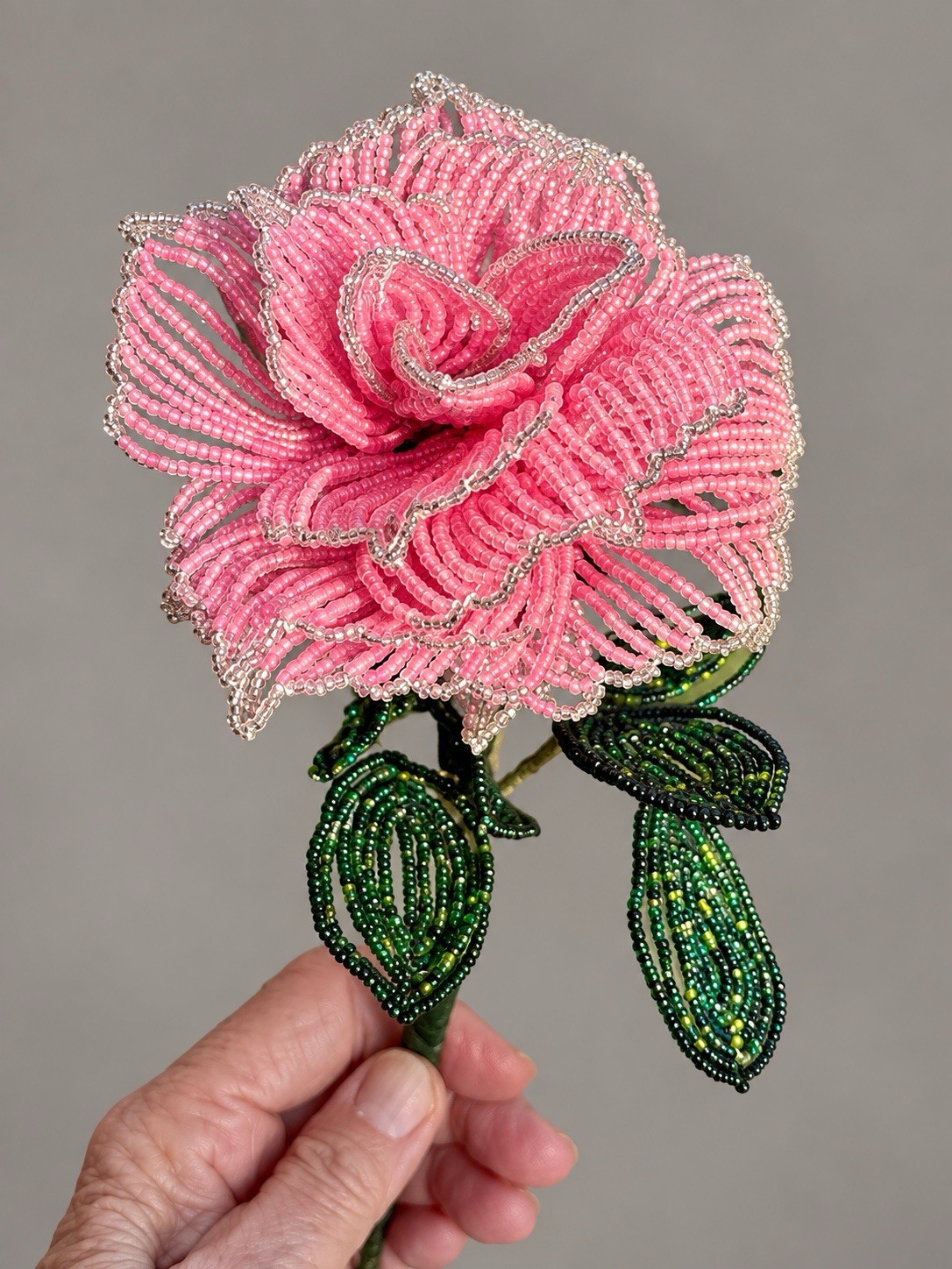 Vintage French Beaded Flower Pink Rose Silver Edging Handmade