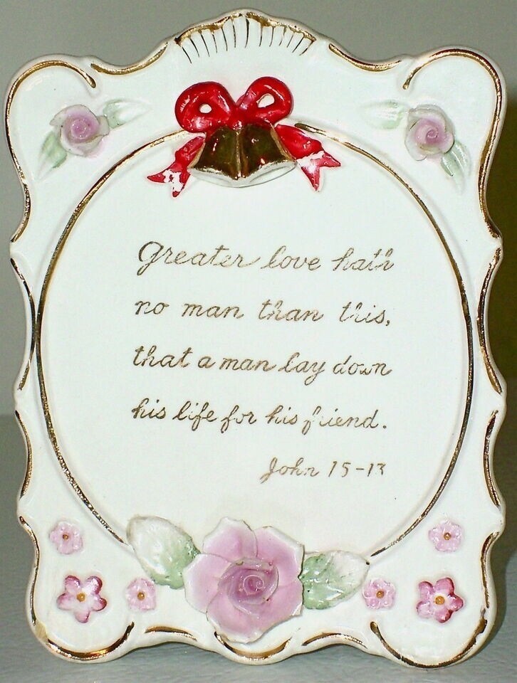 VINTAGE CERAMIC CANDLE HOLDER PLAQUE BIBLE VERSE (John 15-13) Christian Religion