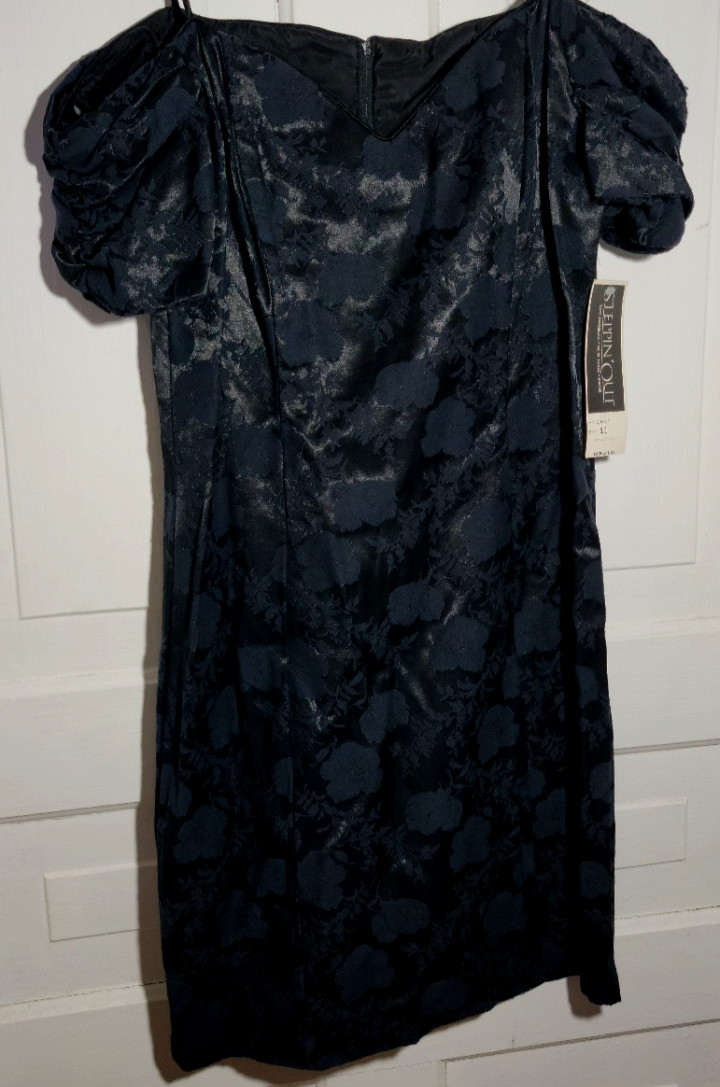 NOS 90s VTG Steppin\' Out Off-Shoulder Mini Dress Blue/Black Floral Jacquard S