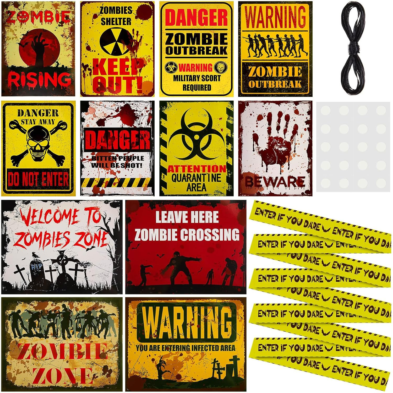 12 Pcs Halloween Zombie Warning Sign Caution Tape Haunted House | Metal