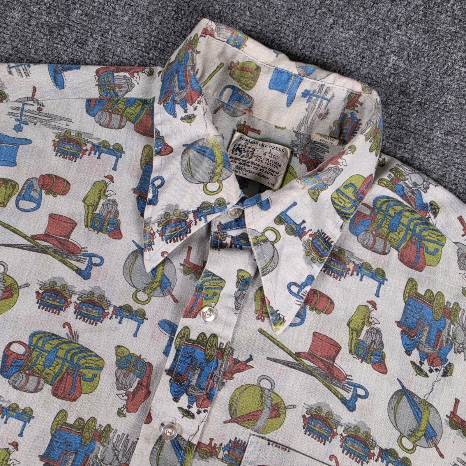 Vtg Kmart Permanent Press Shirt Mens L White Novelty Travel Print 70\'s