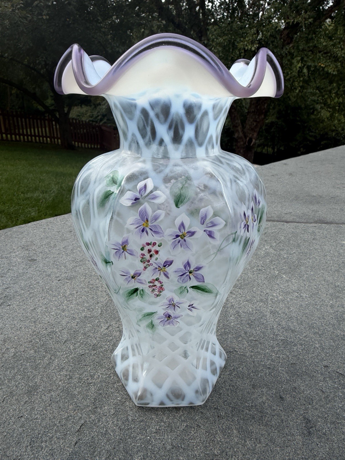 Signed Fenton Opalescent Diamond Lattice Floral Vase Ruffled Swirl Hand Painted Signed Fenton Opalescent Diamond Lattice Floral Vase Ruffled Swirl Hand Painted