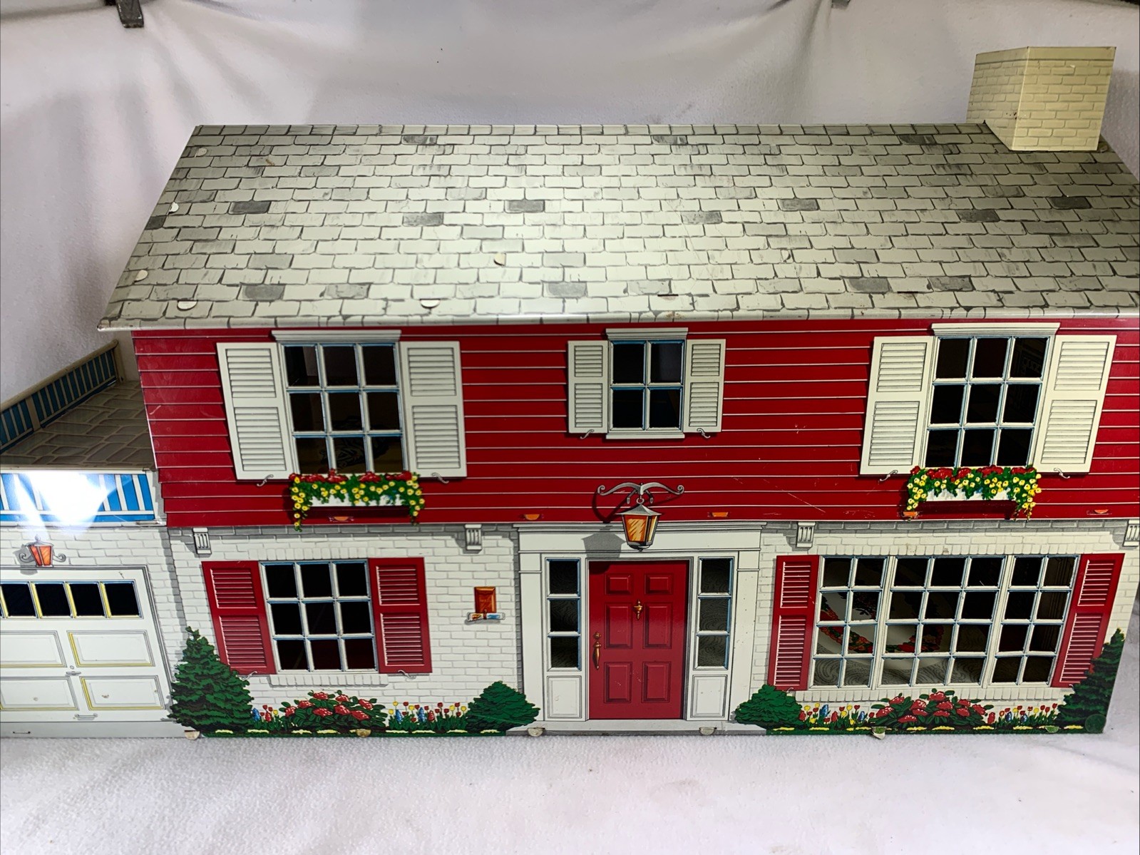Vintage 1960’s Marx Tin Litho Two-Story Red Colonial Dollhouse W/furniture 33”