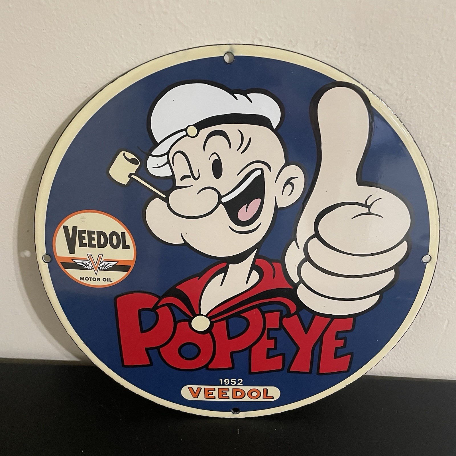 VINTAGE VEEDOL POPEYES THUMBS UP GASOLINE OIL PORCELAIN SIGN VINTAGE VEEDOL POPEYES THUMBS UP GASOLINE OIL PORCELAIN SIGN
