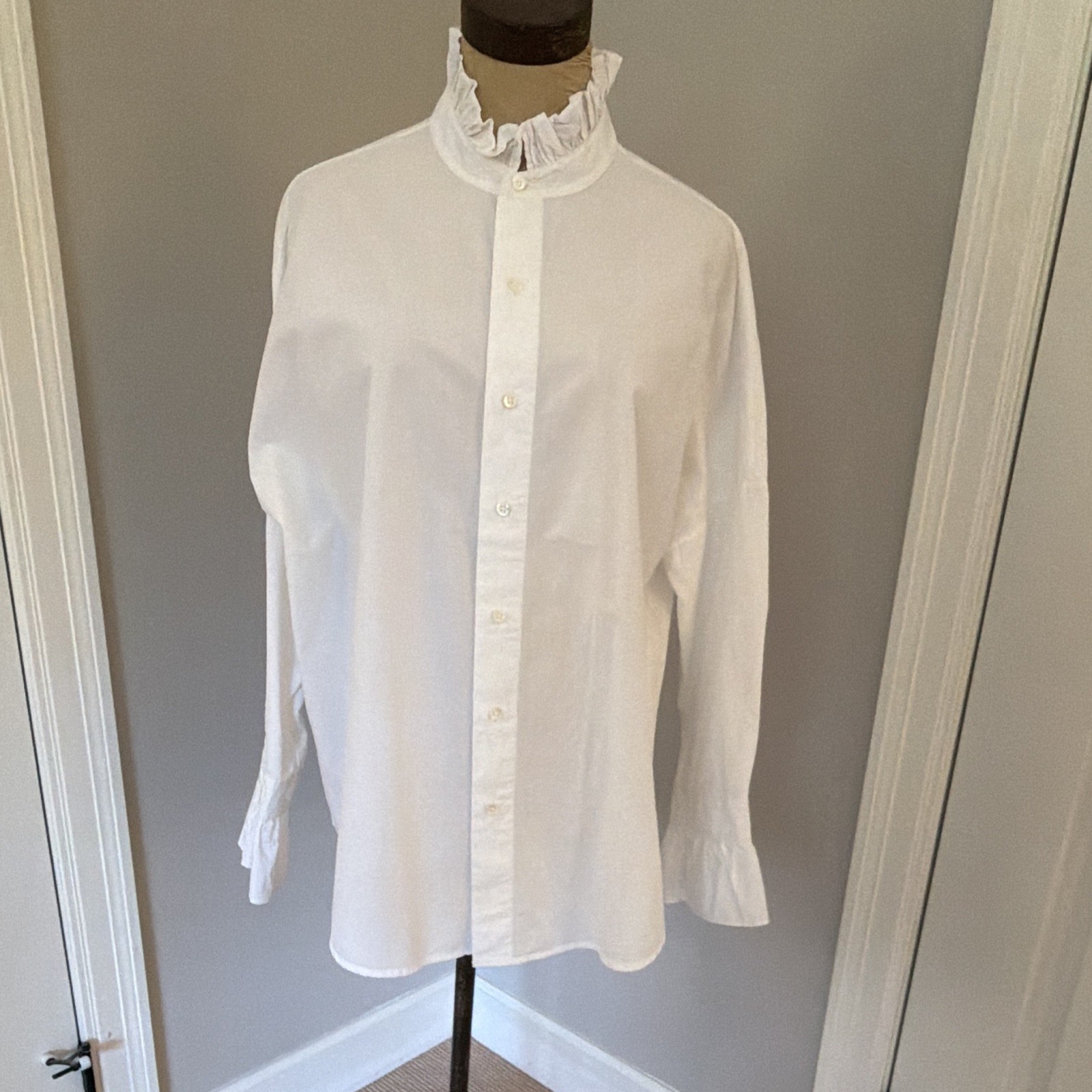 Alex Mill Women\'s White High Neck Button-Up Ruffle Cotton Blouse Long Sleeve M Alex Mill Women\'s White High Neck Button-Up Ruffle Cotton Blouse Long Sleeve M