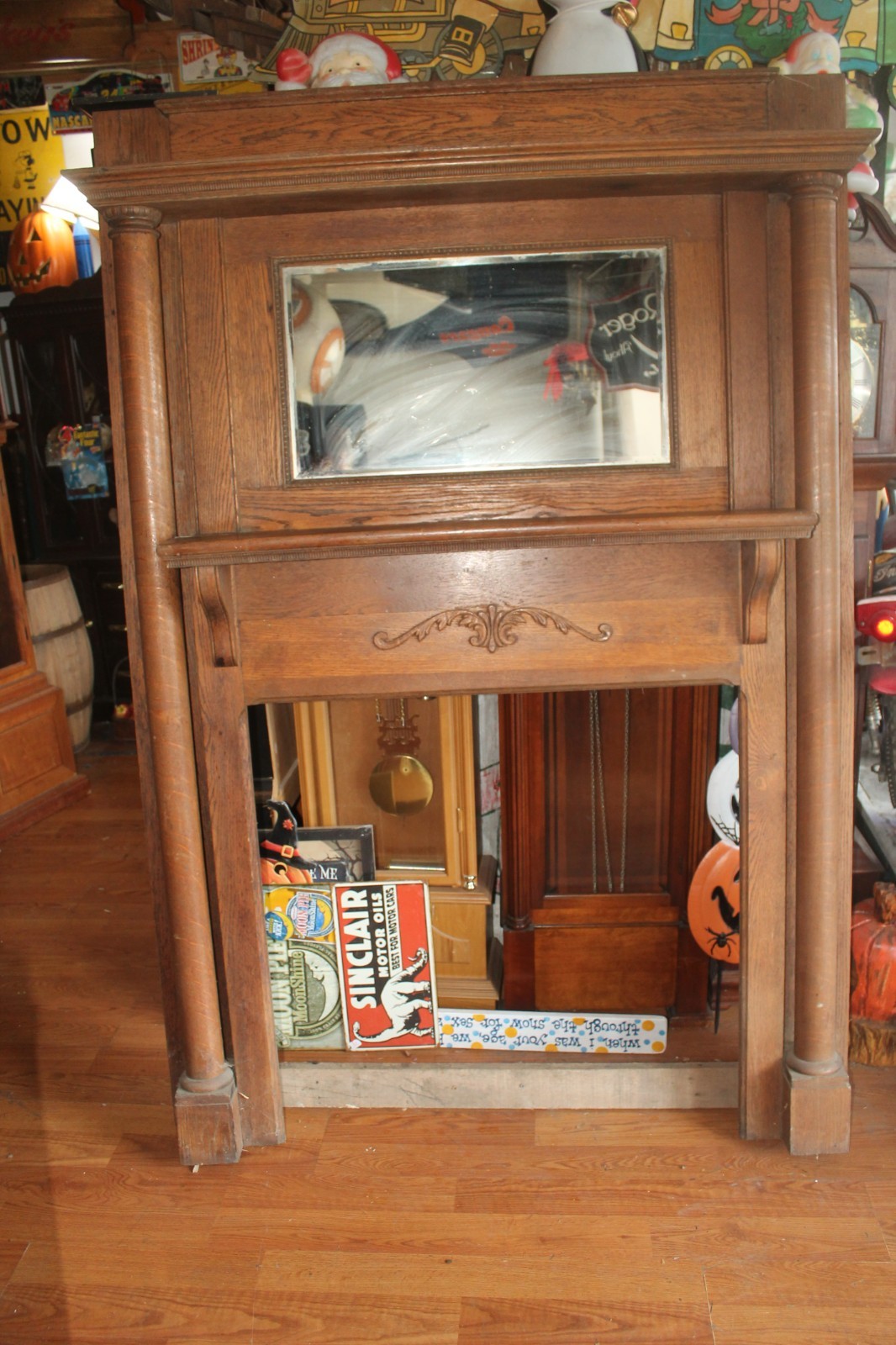 Antique ca. 1890's Tiger Oak Fireplace Mantle With Overmantle Mirror & Shelf