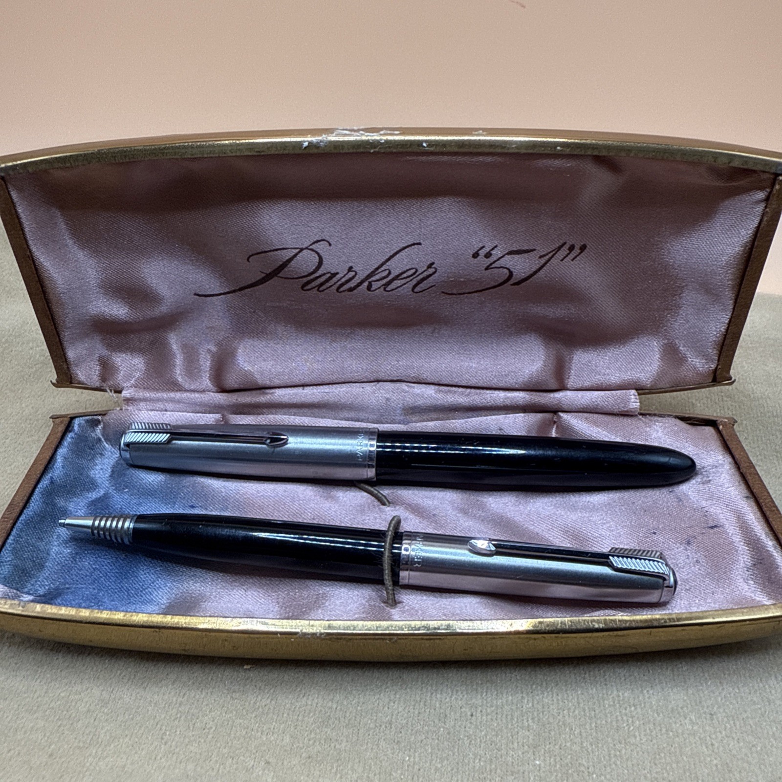 Parker 51 Vintage Pencil And Fountain Pen Set with Case Untested Black & Silver