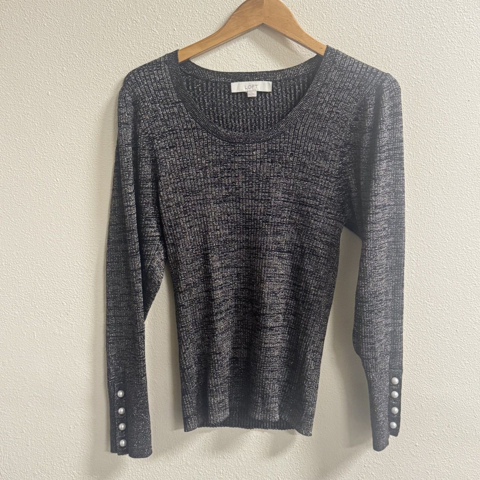 LOFT Women’s XXL Charcoal Metallic Shimmer Knit Scoop Neck Long Sleeve Top