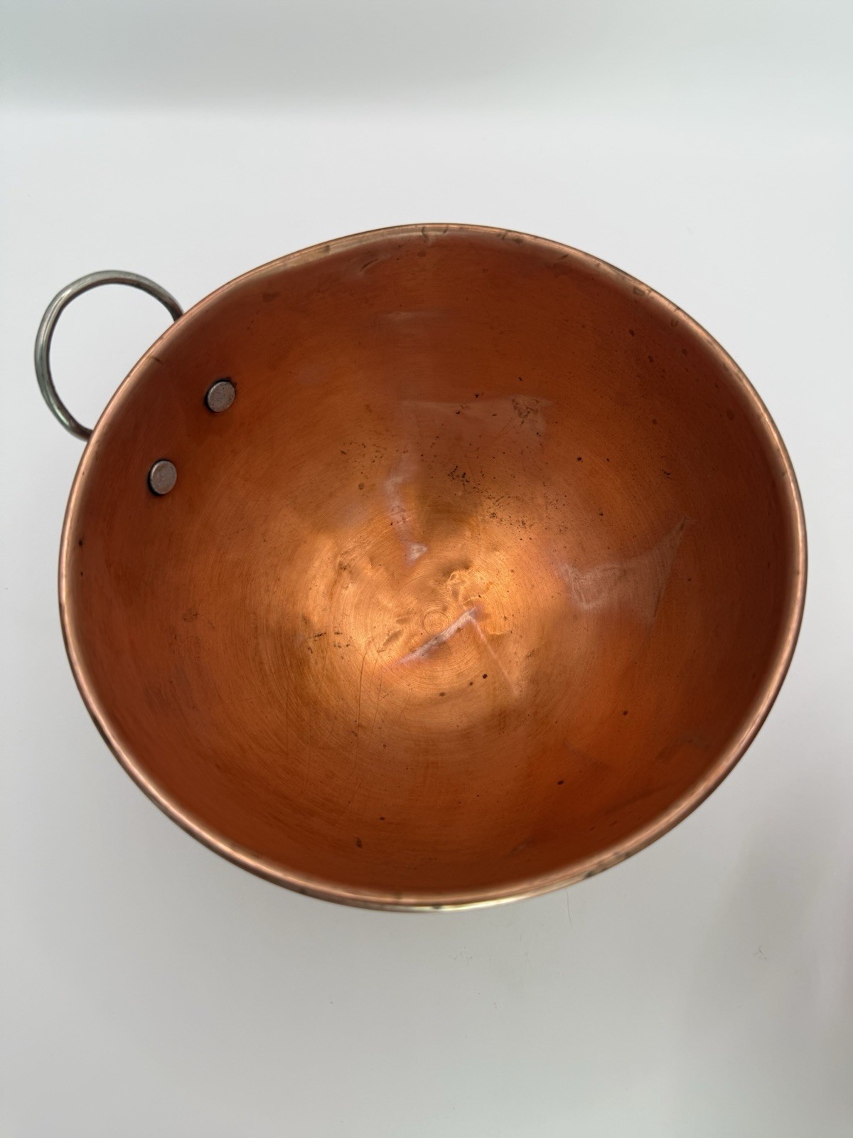 Vintage Copper Hanging Bowl Wire Bail Handle Riveted Round Bottom Kitchen