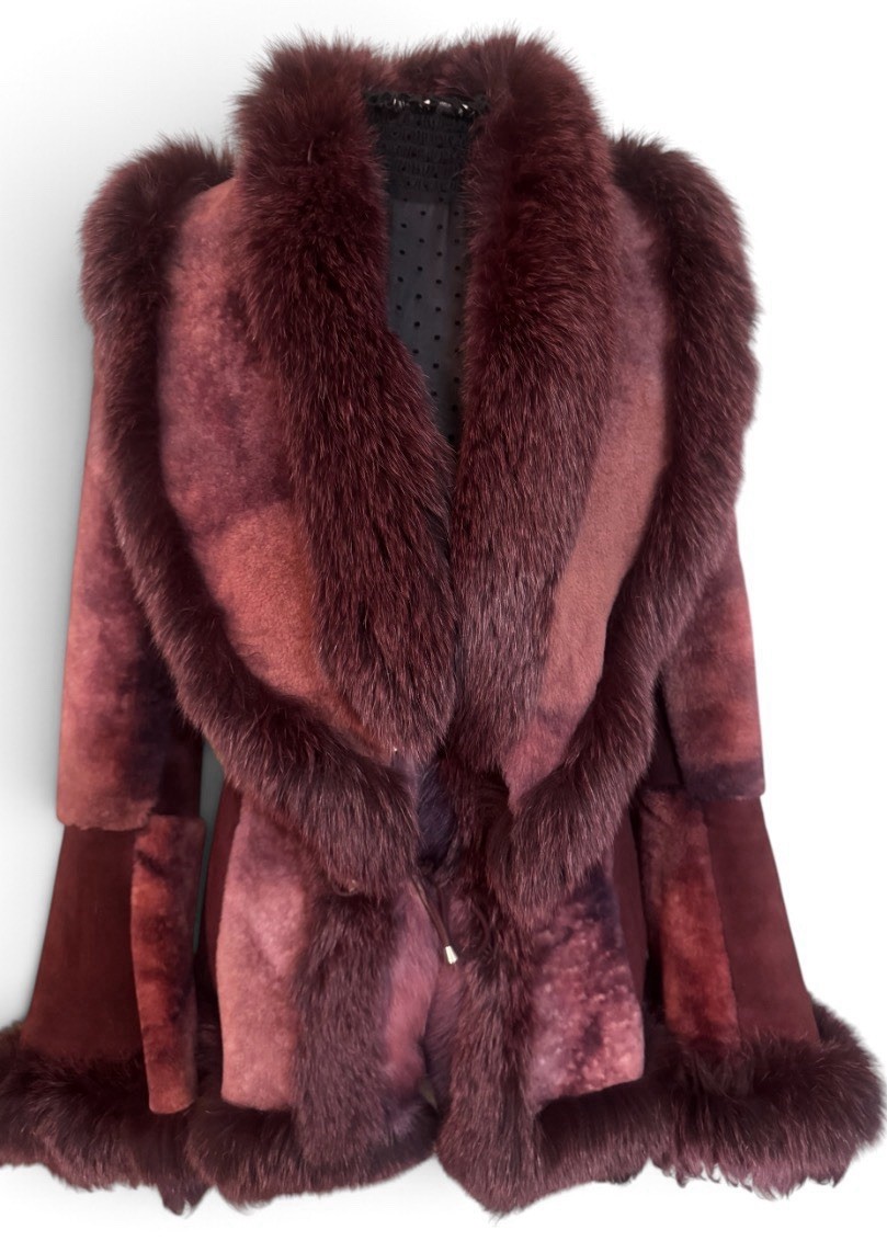 Sophisticated Burgundy Real Shearling Genuine Fox Fur Shawl Collar Suede Sz S