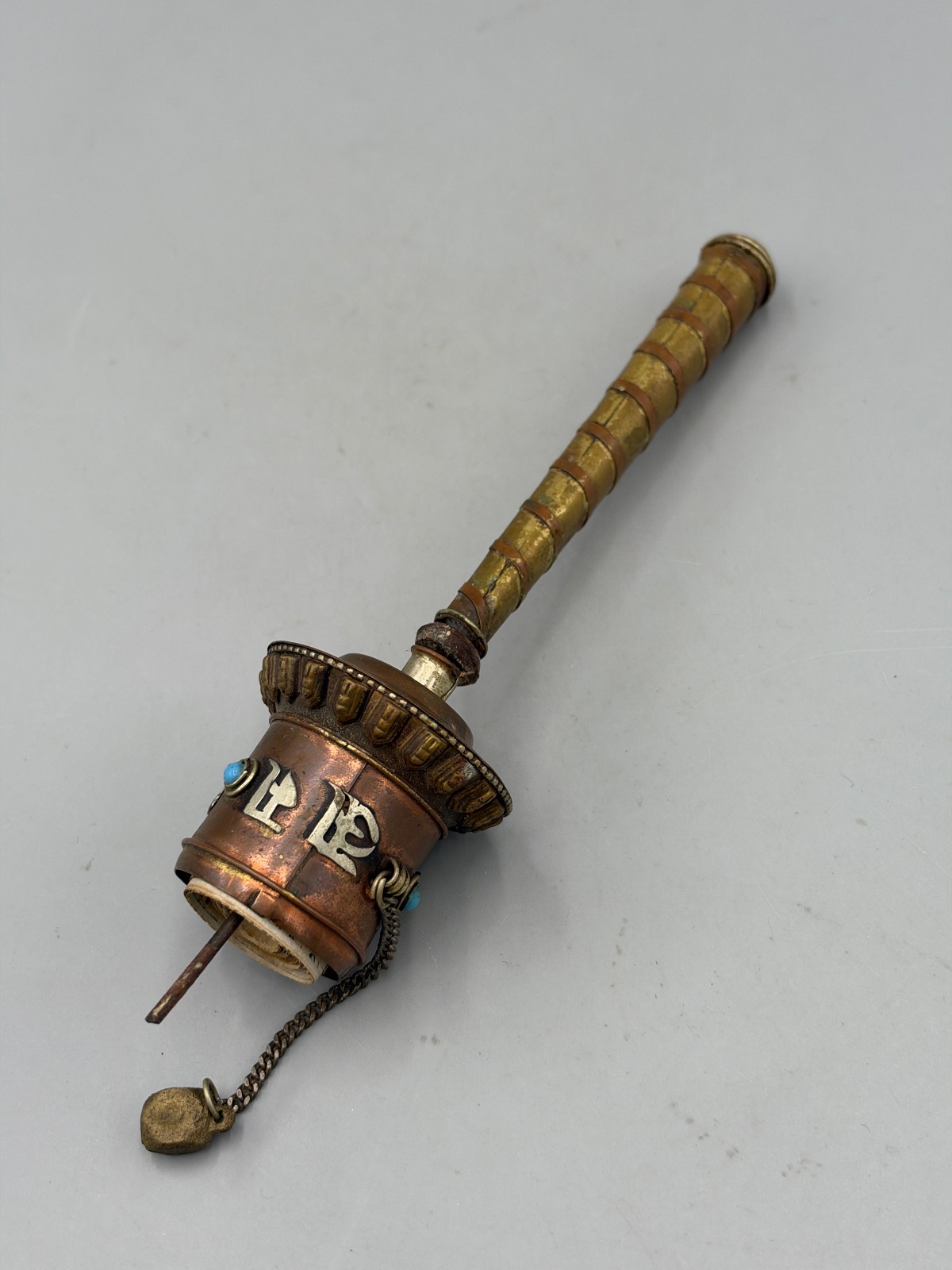 Antique Tibetan Hand‑held Prayer, Wheel Handwritten Manuscript Prayer Scroll 
