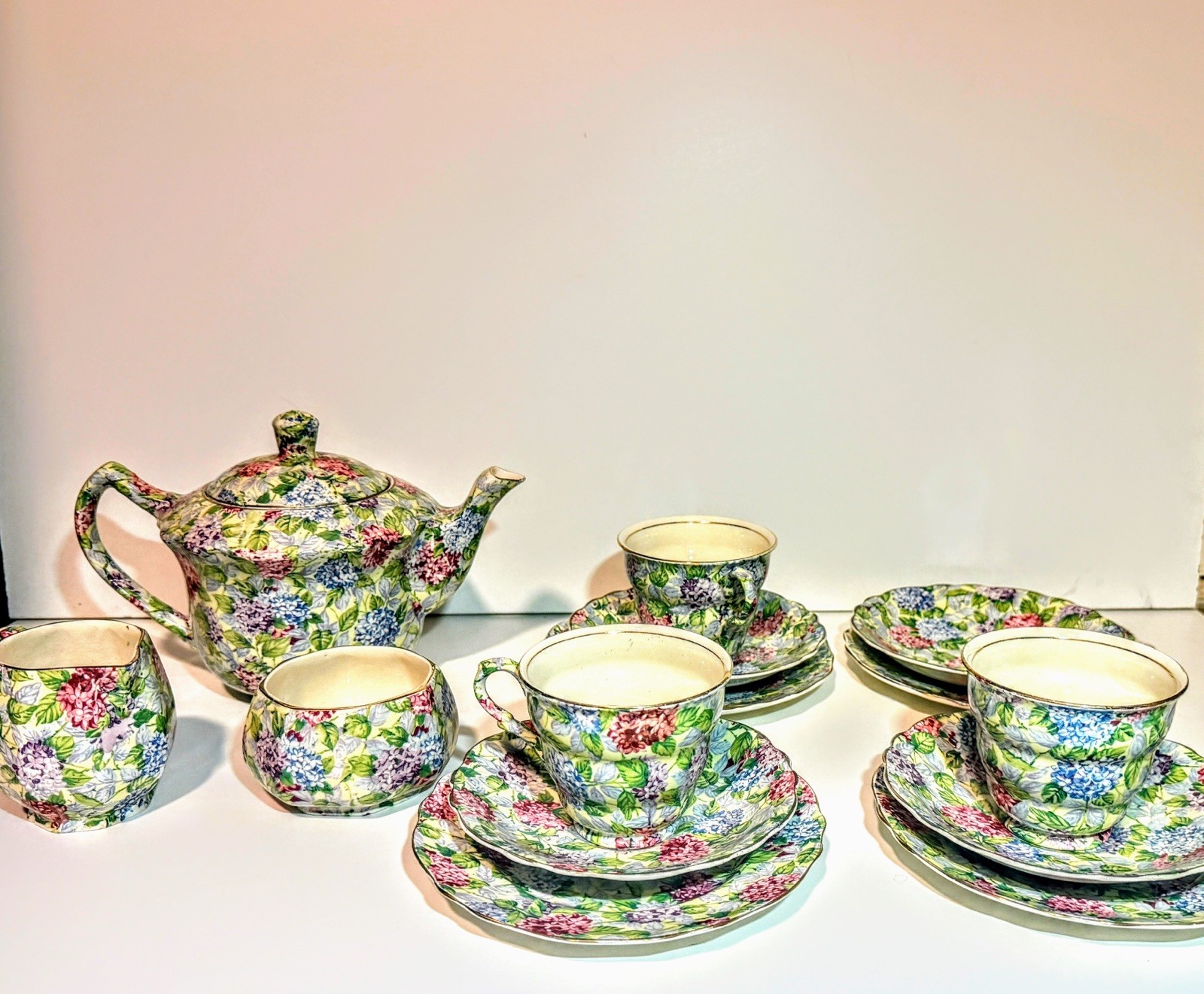 Vintage James Kent Ltd Hydrangea Chintz 14pc Tea Set Teapot Trio 1930s England