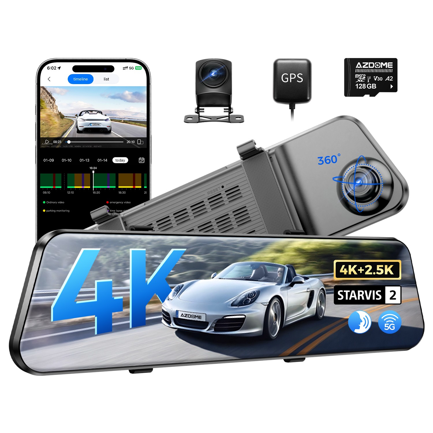 AZDOME 2CH 4K+2.5K HDR Mirror Dash Cam IMX678 STARVIS 2 5.8GWiFi GPS 128GB Card