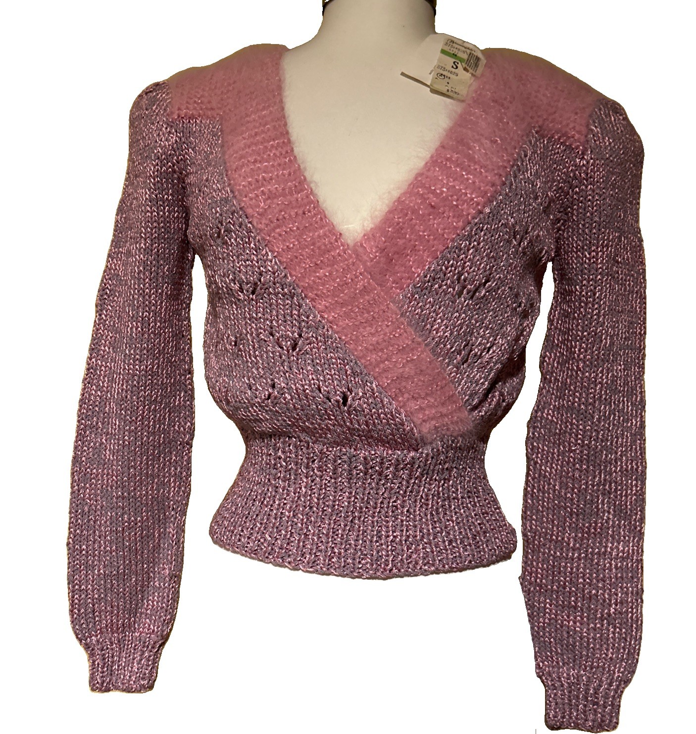 VTG 1980s Preve Fuzzy Sweater Wool Angora Pink Gray Knit Small Bloomingdales NWT