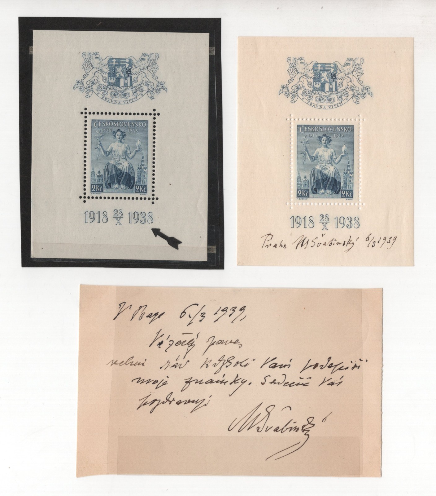 CZECHOSLOVAKIA 1938 Sc B153 S/S ARTIST SIGNED MAX SVABINSKY  WITH VARIETY