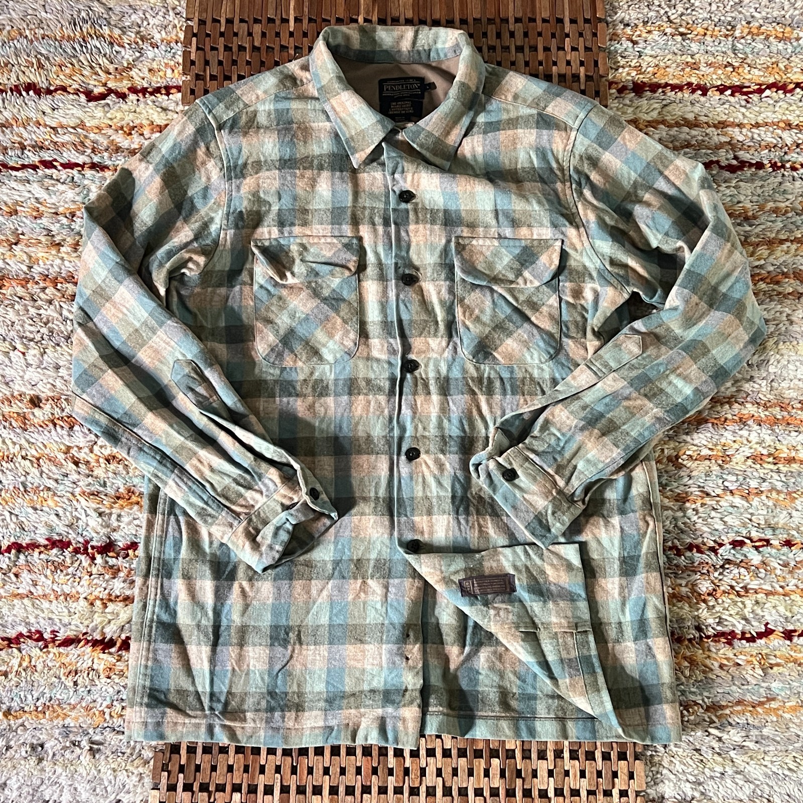 Pendleton Archives Board Shirt Wool Button Down Green 1979 Surf Plaid Large L Pendleton Archives Board Shirt Wool Button Down Green 1979 Surf Plaid Large L