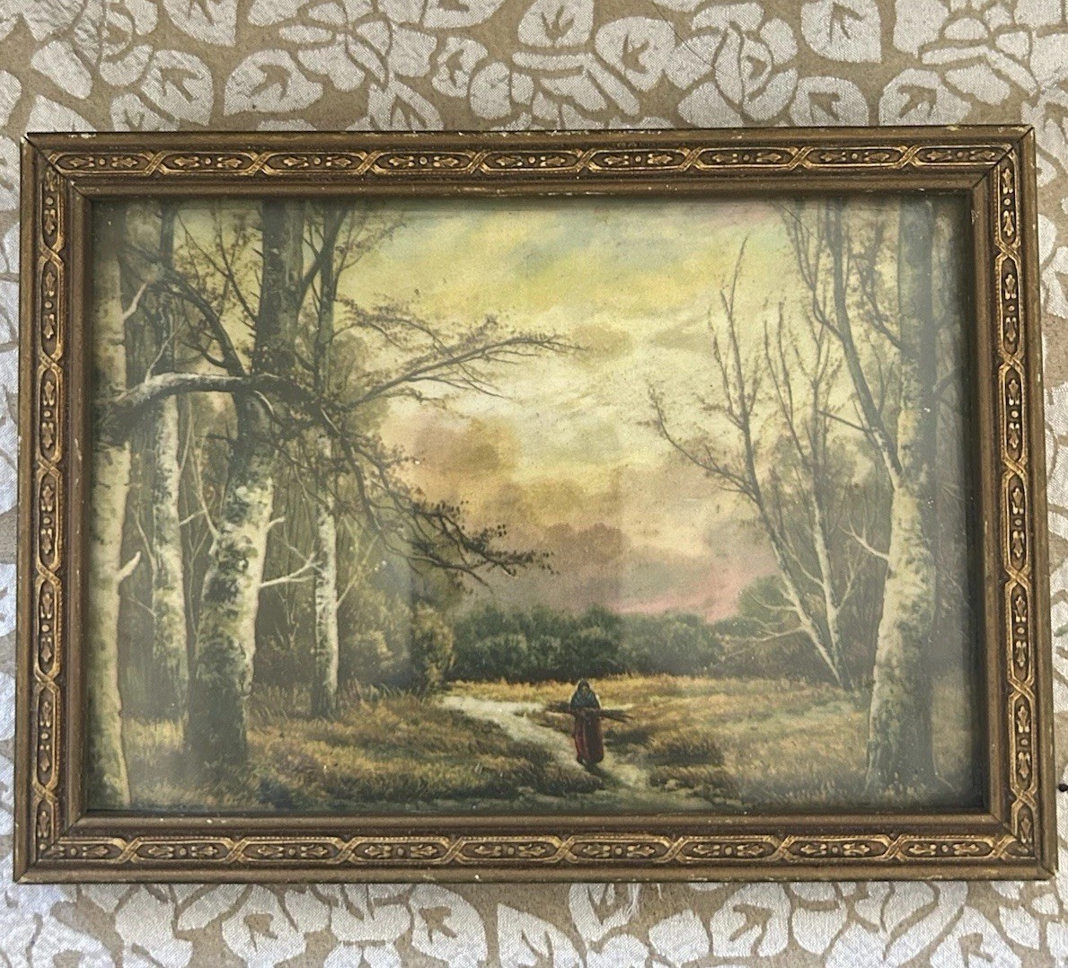 Vtg Framed Woodland Art Print Woman Gathering Firewood Birch Trees 7” Vtg Framed Woodland Art Print Woman Gathering Firewood Birch Trees 7”