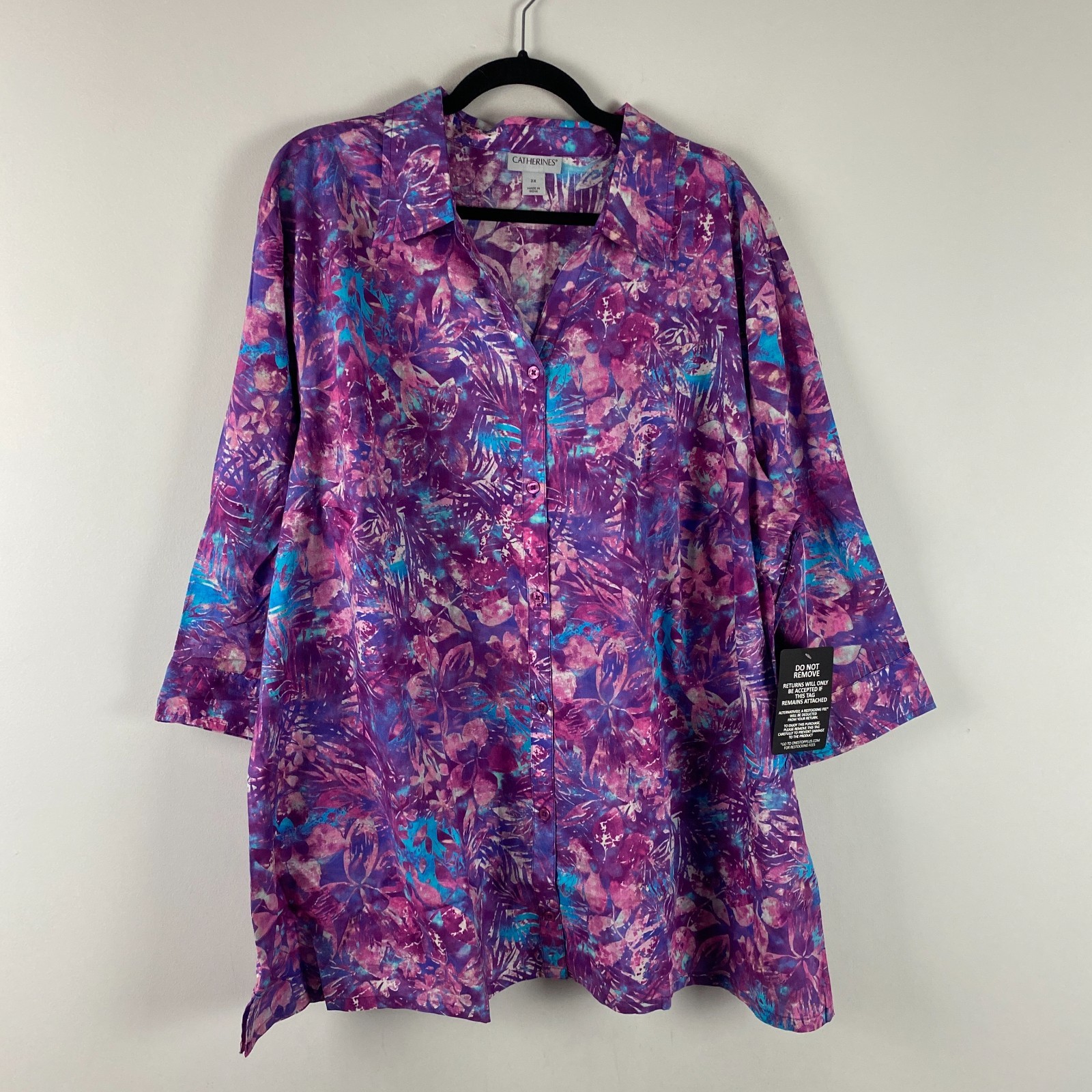 Catherines Button Up Shirt Size 3X Lightweight Cotton 3/4 Sleeves Purple Floral
