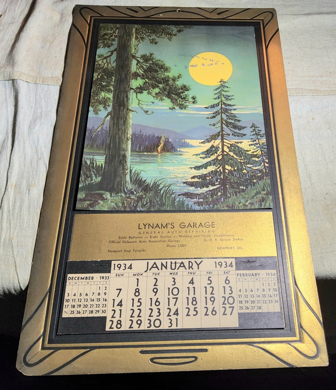 1934 WALL CALENDAR ADVERTISING LYNAM\'S GARAGE GENERAL AUTO REPAIRING NEWPORT, DE 1934 WALL CALENDAR ADVERTISING LYNAM\'S GARAGE GENERAL AUTO REPAIRING NEWPORT, DE