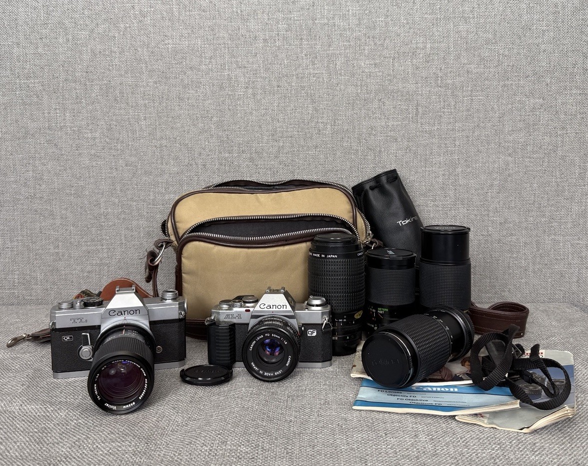 Vintage Canon 35mm SLR Film Camera Lot: TL QL | AL-1 | Lenses and Bag Vintage Canon 35mm SLR Film Camera Lot: TL QL | AL-1 | Lenses and Bag