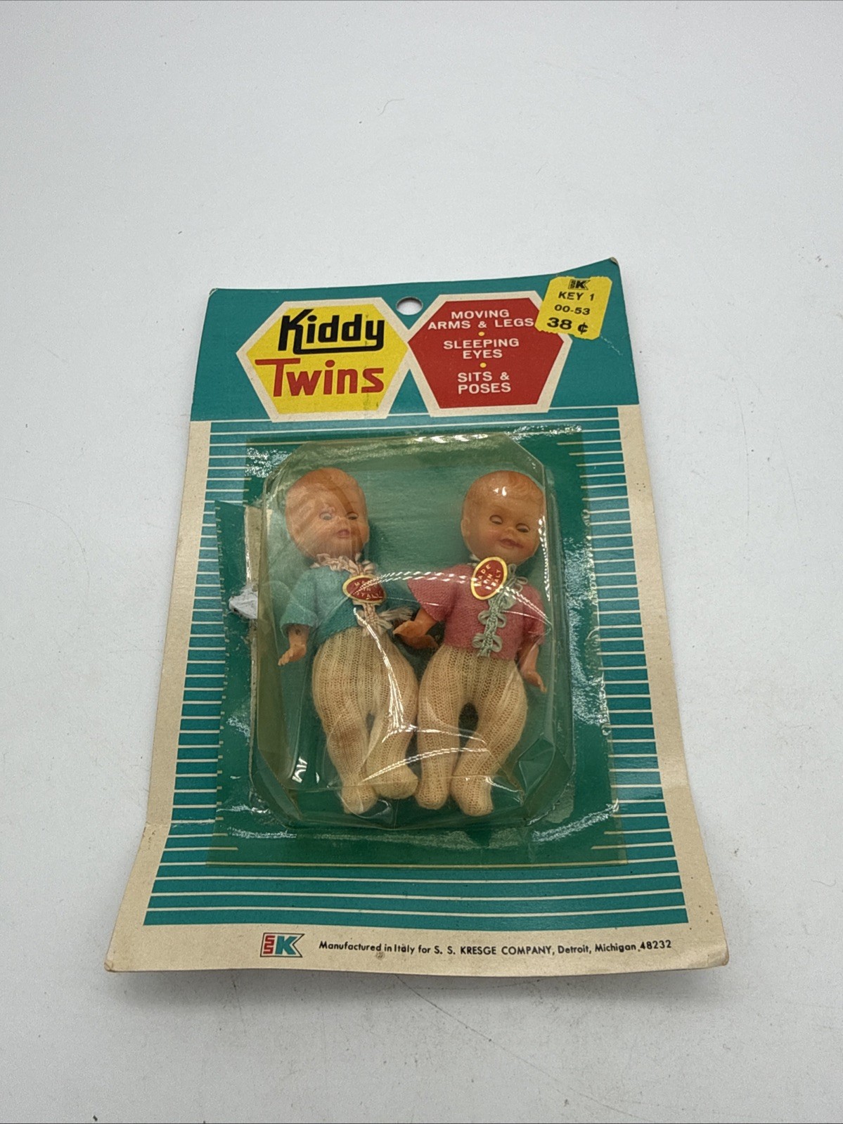 Vtg KIDDY TWINS 2 Baby Dolls ~3.0”Kresge Co. made in Italy in Card Bubble Open Vtg KIDDY TWINS 2 Baby Dolls ~3.0”Kresge Co. made in Italy in Card Bubble Open