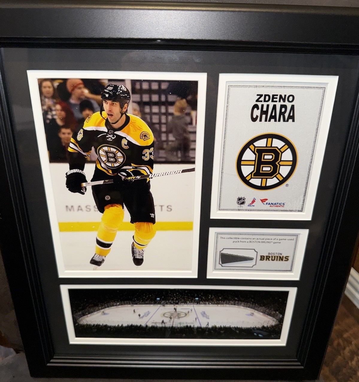 BRUINS CHARA FRAMED GLASS COLLAGE W/ GAME USED PUCK FANATICS CERTIFIED BRUINS CHARA FRAMED GLASS COLLAGE W/ GAME USED PUCK FANATICS CERTIFIED