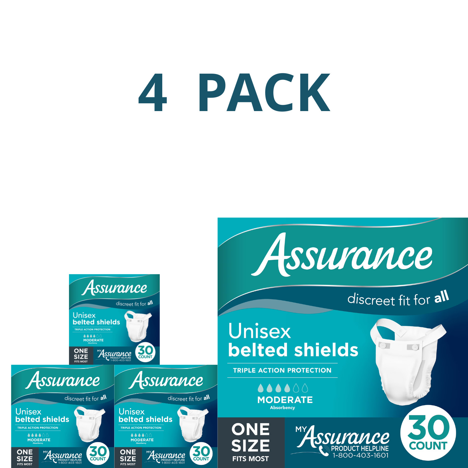 Assurance Unisex Incontinence Belted Shields Moderate Absorbency 30 Ct, 4 Pack Assurance Unisex Incontinence Belted Shields Moderate Absorbency 30 Ct, 4 Pack