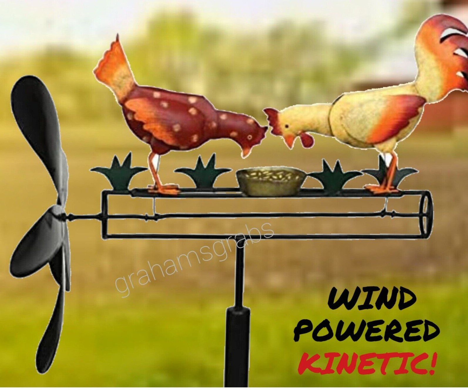 NEW PECKING CHICKEN & ROOSTER WHIRLIGIG  WIND POWERED KINETIC YARD DECOR SPINNER