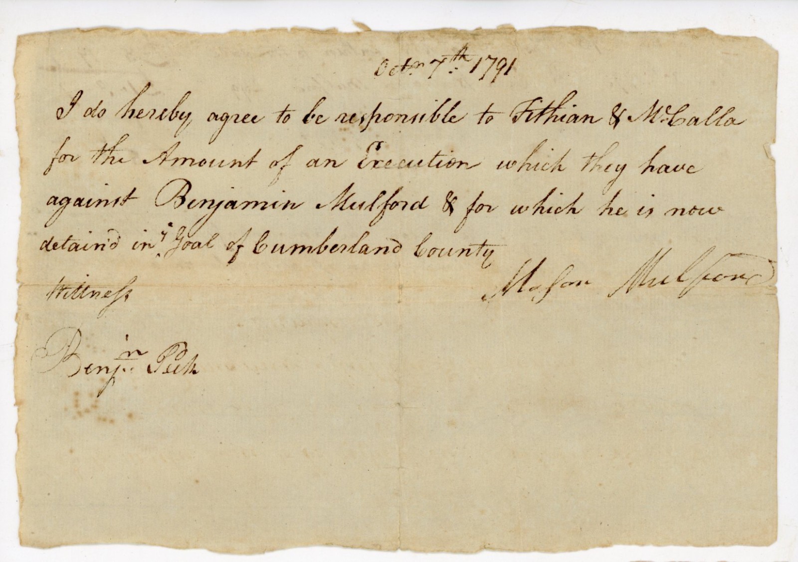 1791 Cumberland County NJ Legal Execution Benjamin Peck Mason Mulford Debt Jail 1791 Cumberland County NJ Legal Execution Benjamin Peck Mason Mulford Debt Jail