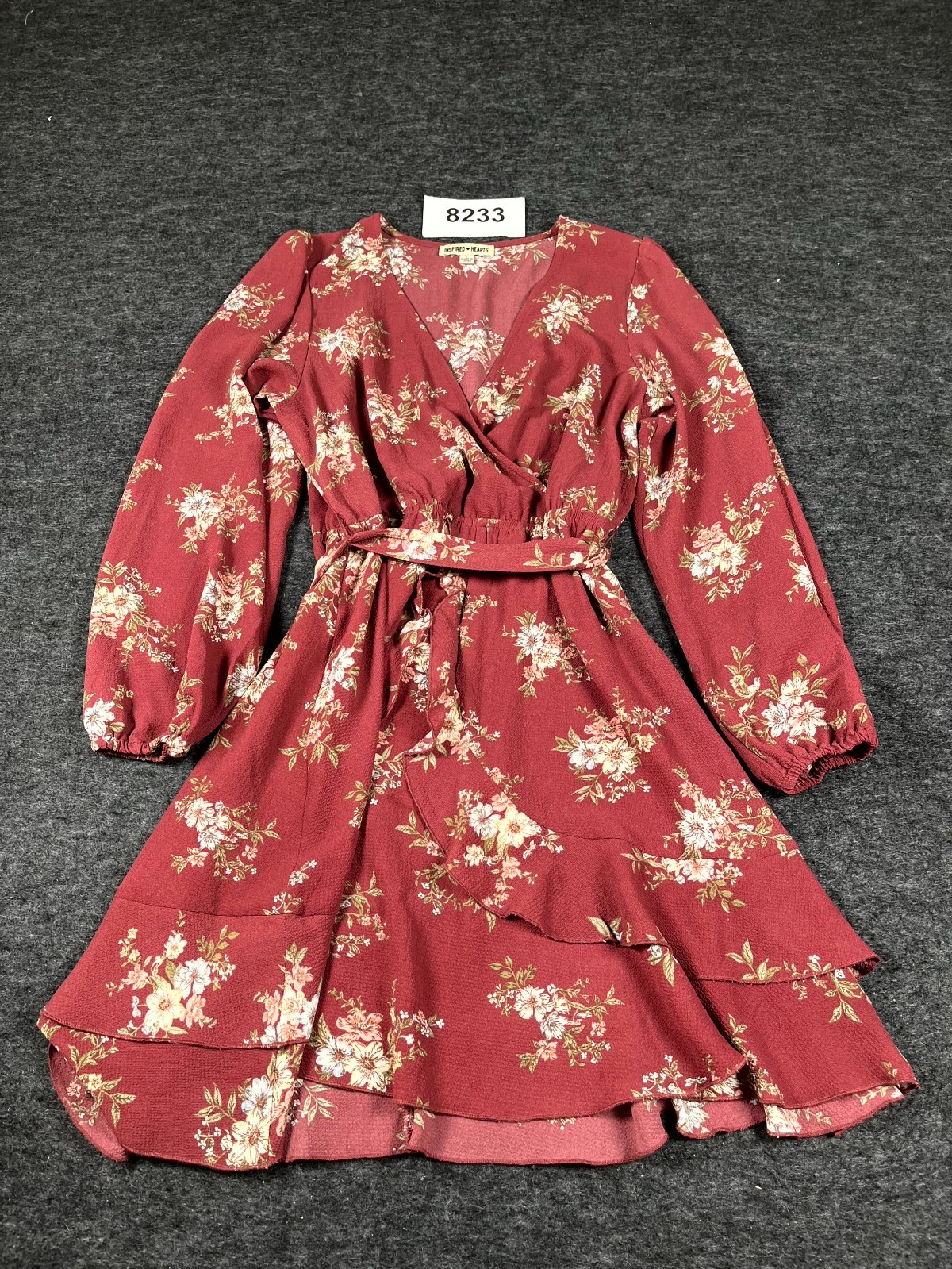 Inspired Hearts Fit & Flare Dress Womens Large Burgundy Floral Wrap V Neck Inspired Hearts Fit & Flare Dress Womens Large Burgundy Floral Wrap V Neck