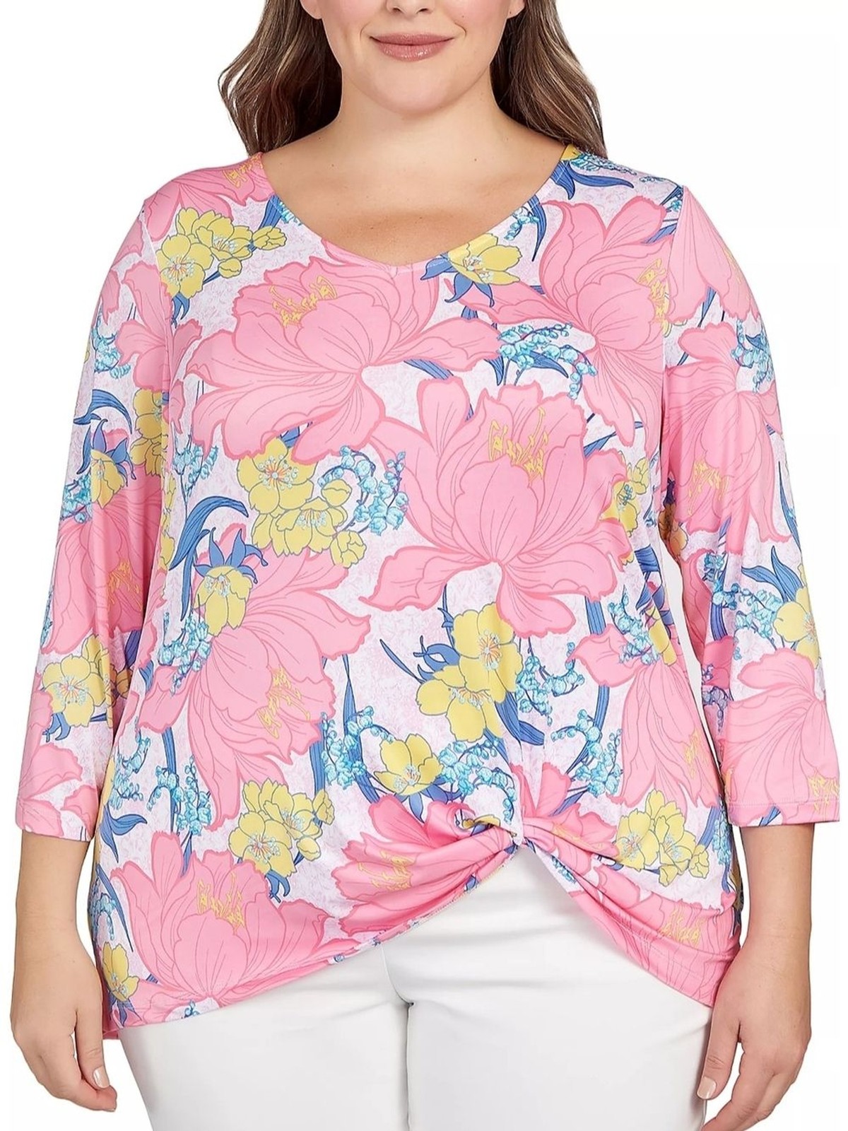 Ruby Rd. Pink Floral Twist-Knot Tunic with Yellow & Blue Accents Size 3X Ruby Rd. Pink Floral Twist-Knot Tunic with Yellow & Blue Accents Size 3X