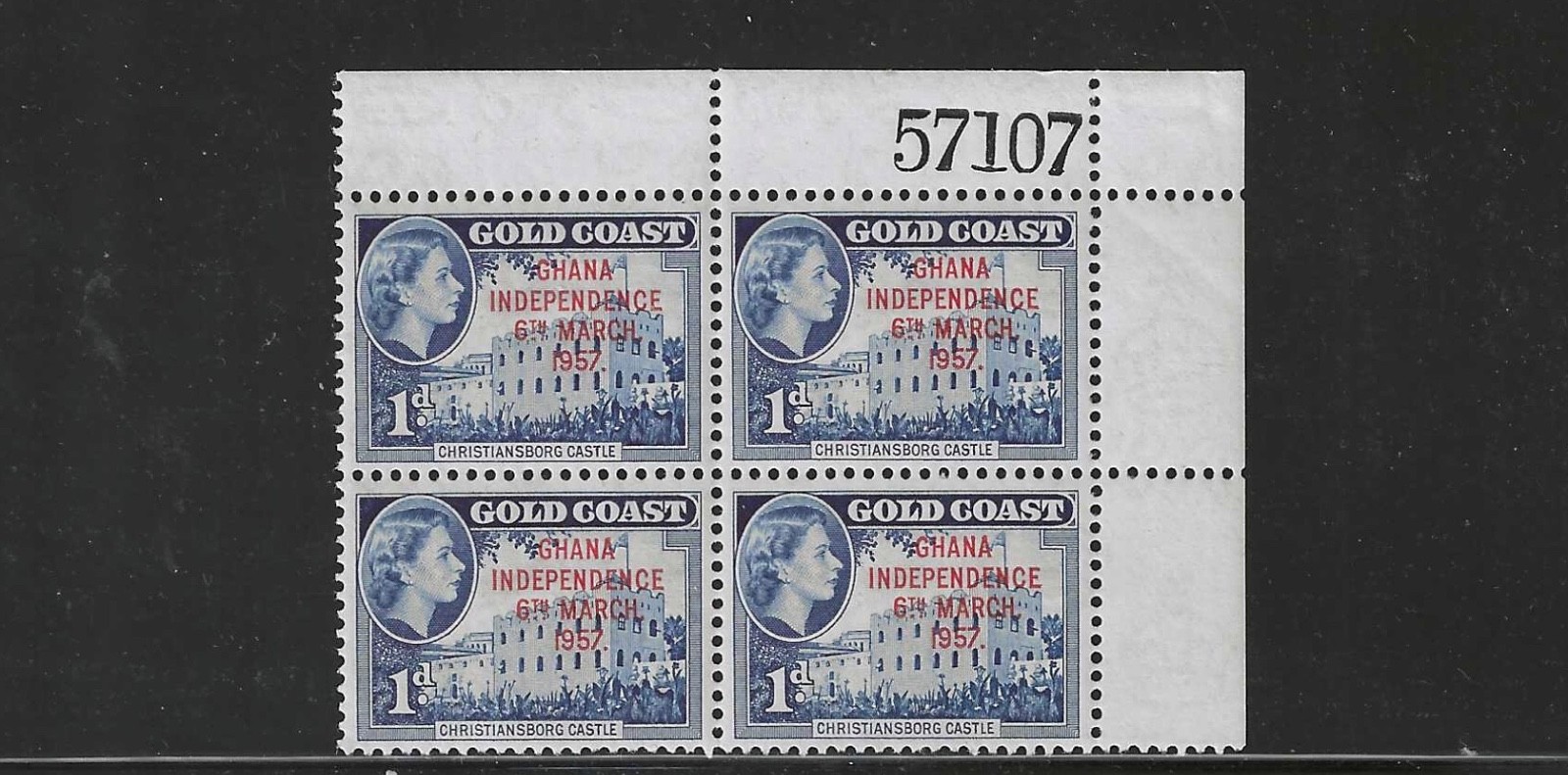 1957 ovpt. Ghana/ Independence Gold Coast Sc. 6 QE II 1d plate block # (57107). 1957 ovpt. Ghana/ Independence Gold Coast Sc. 6 QE II 1d plate block # (57107).