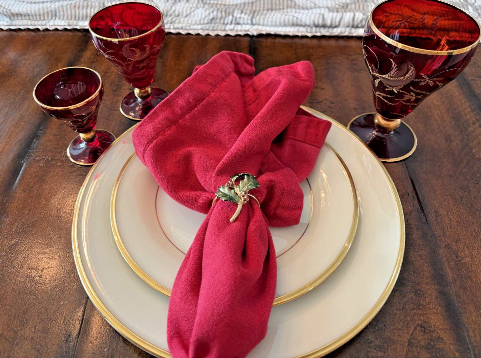 Vintage Ruby Red Gold Wine Goblets, Grand Set of 14 Bohemian Glass Etched Floral