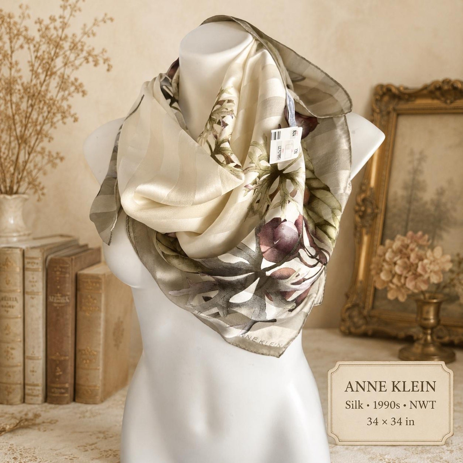 Vintage Anne Klein 1990s Silk Ivory Striped Pomegranate Scarf NWT 34x34