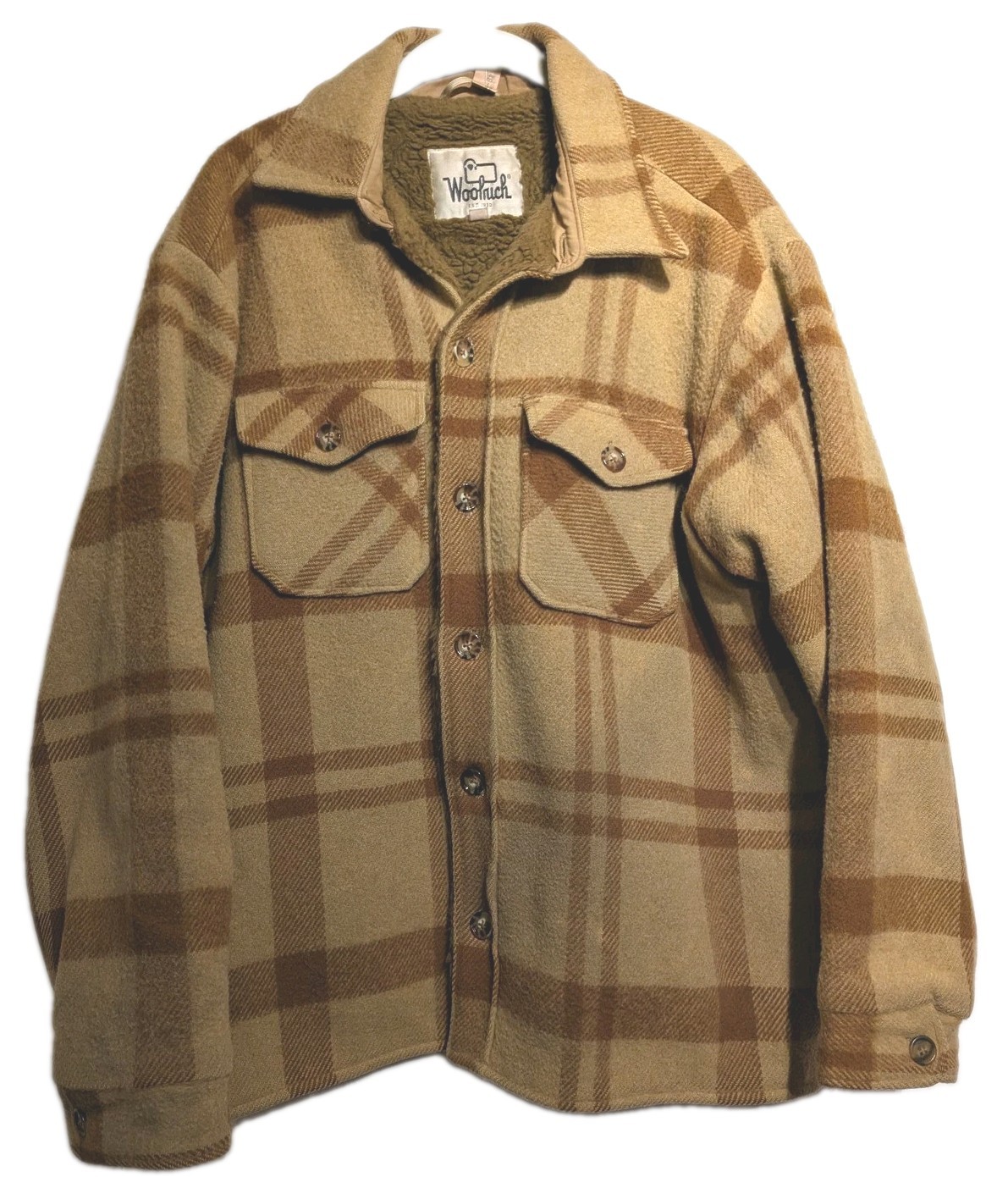 Vtg 60-70s Woolrich Jacket Mens XL Beige Plaid Wool Sherpa Lined Field Workwear