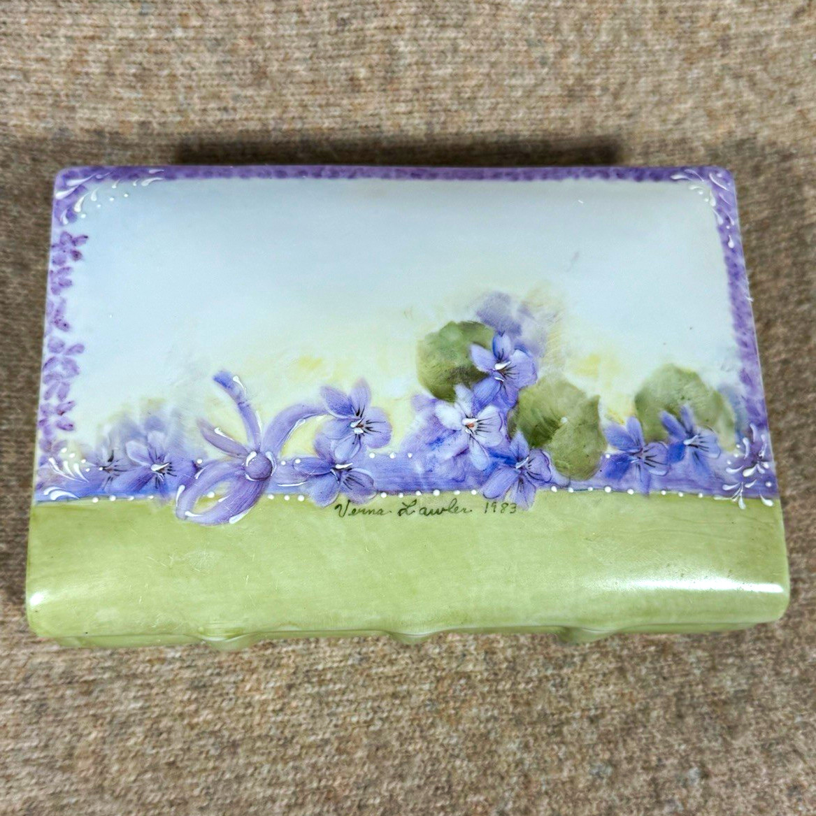 Vintage 1983 Hand Painted Porcelain Jewelry Trinket Box Violets Signed Vintage 1983 Hand Painted Porcelain Jewelry Trinket Box Violets Signed