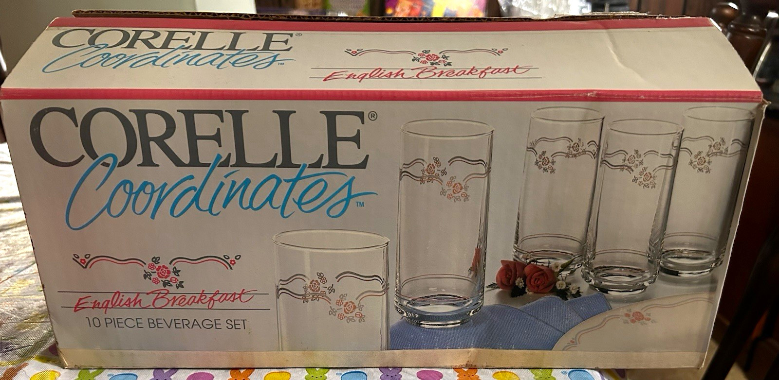 VTG Corelle Coordinates English Breakfast 10 Pc Beverage Set 16oz Glasses NEW