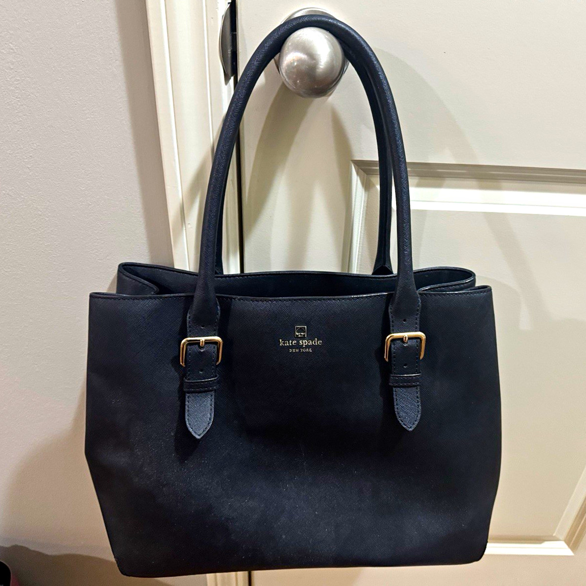 kate spade new york Black Saffiano Leather Tote Handbag Double Handles Gold