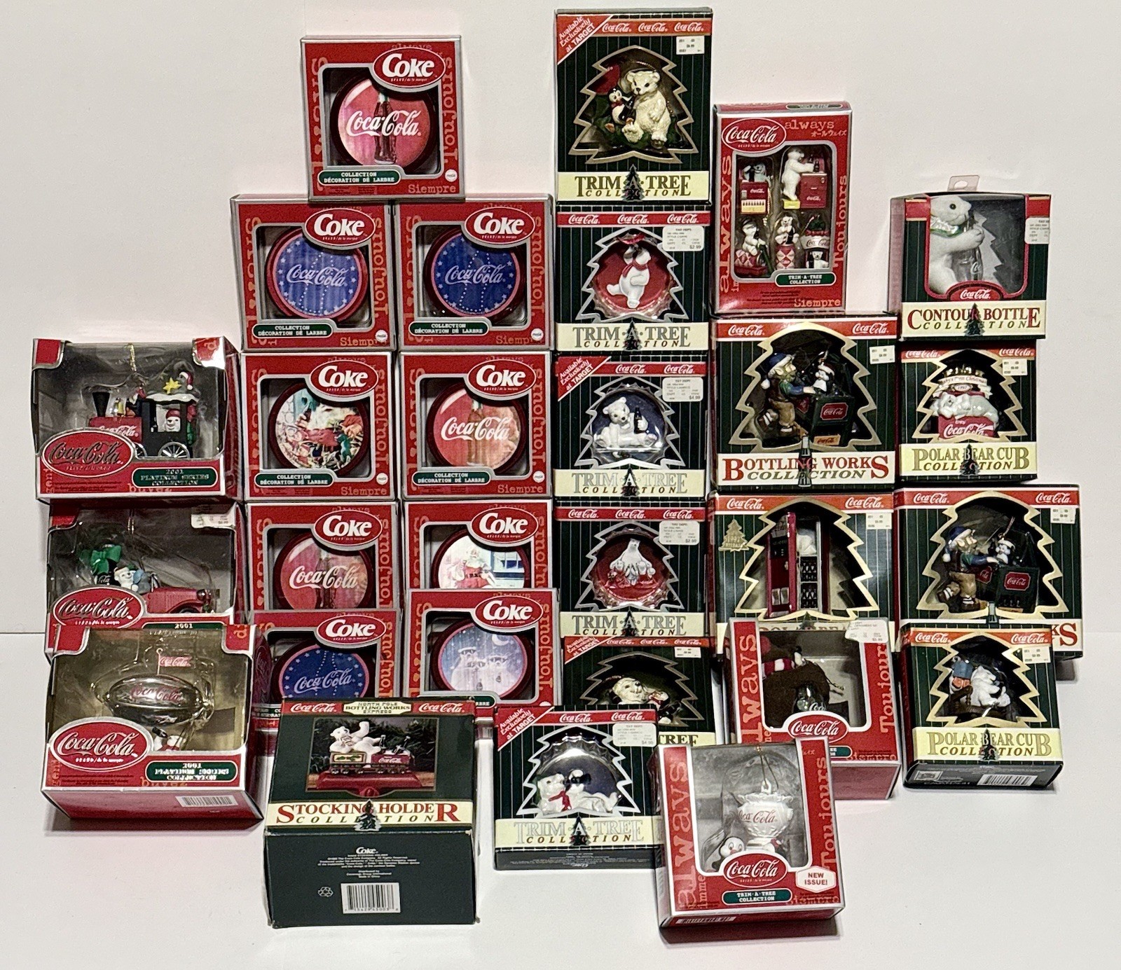 Lot of 28 Vintage Coca-Cola Christmas Ornaments Stocking Holder NOS 1990s Coke