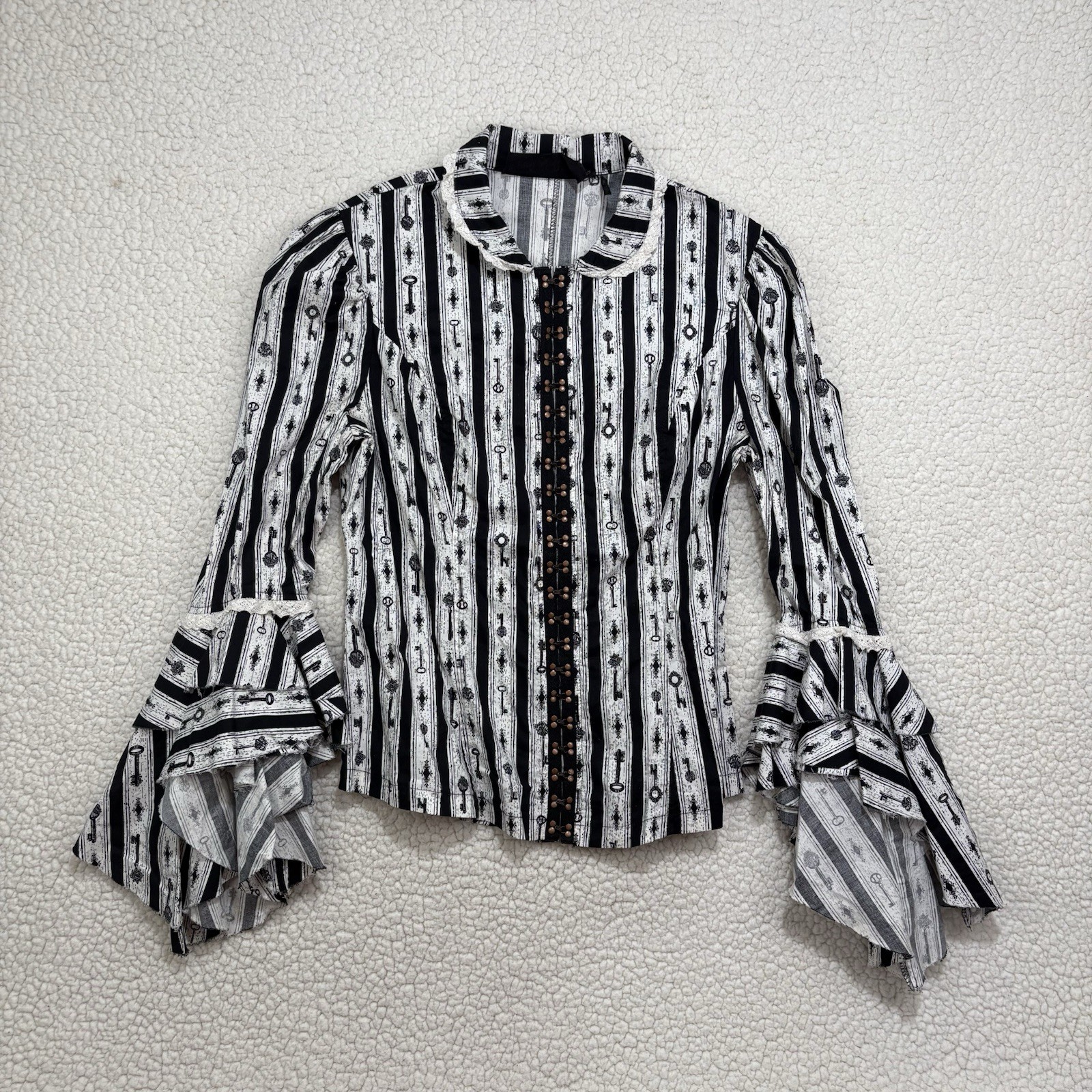 RARE Lip Service Blouse Bell Sleeve Victorian Clasps AOP Skeleton Key Shirt Goth RARE Lip Service Blouse Bell Sleeve Victorian Clasps AOP Skeleton Key Shirt Goth