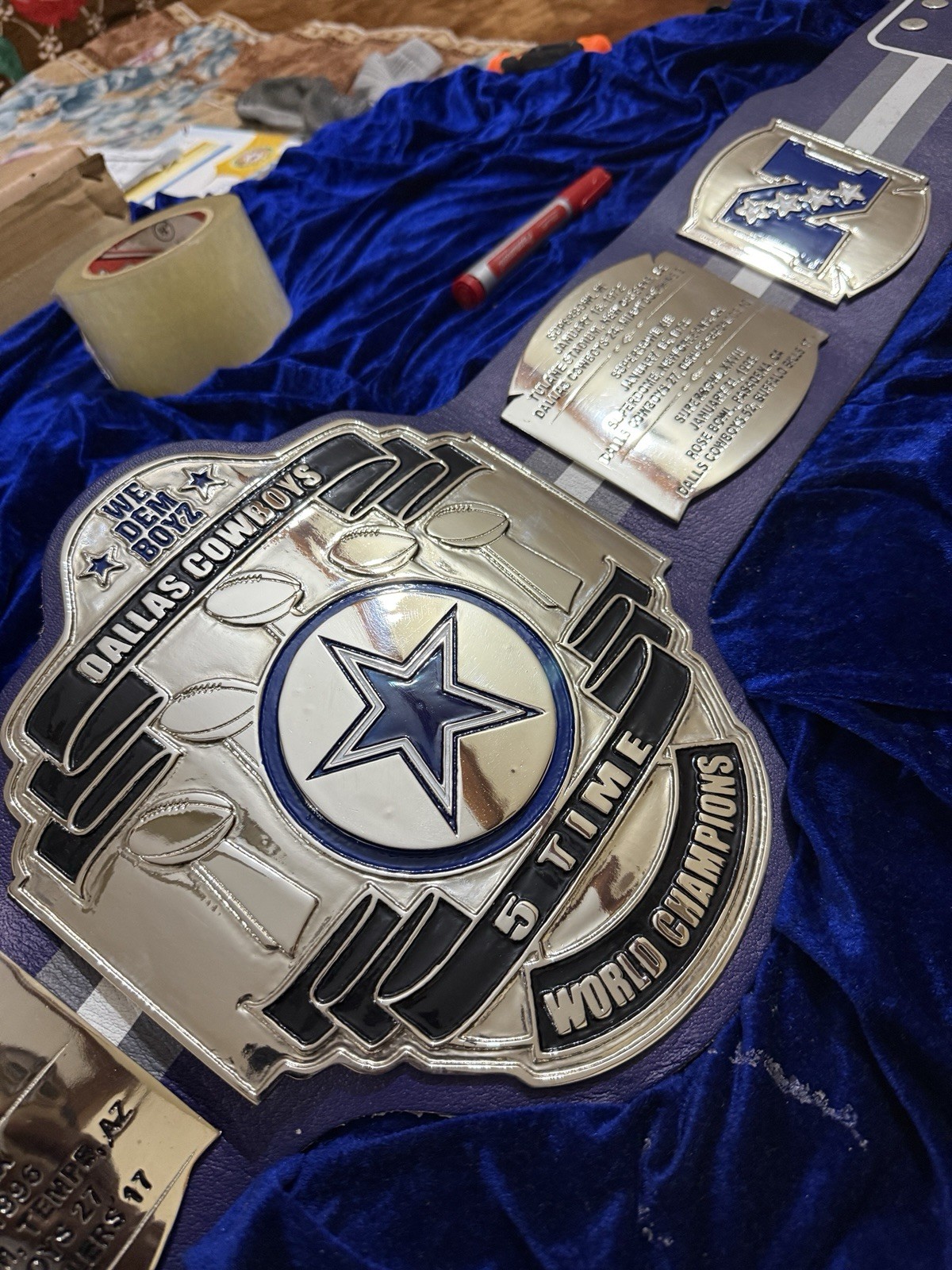 Dallas Cowboys championship belt ,5X champion, Nikal plated,Leather strap.Adult