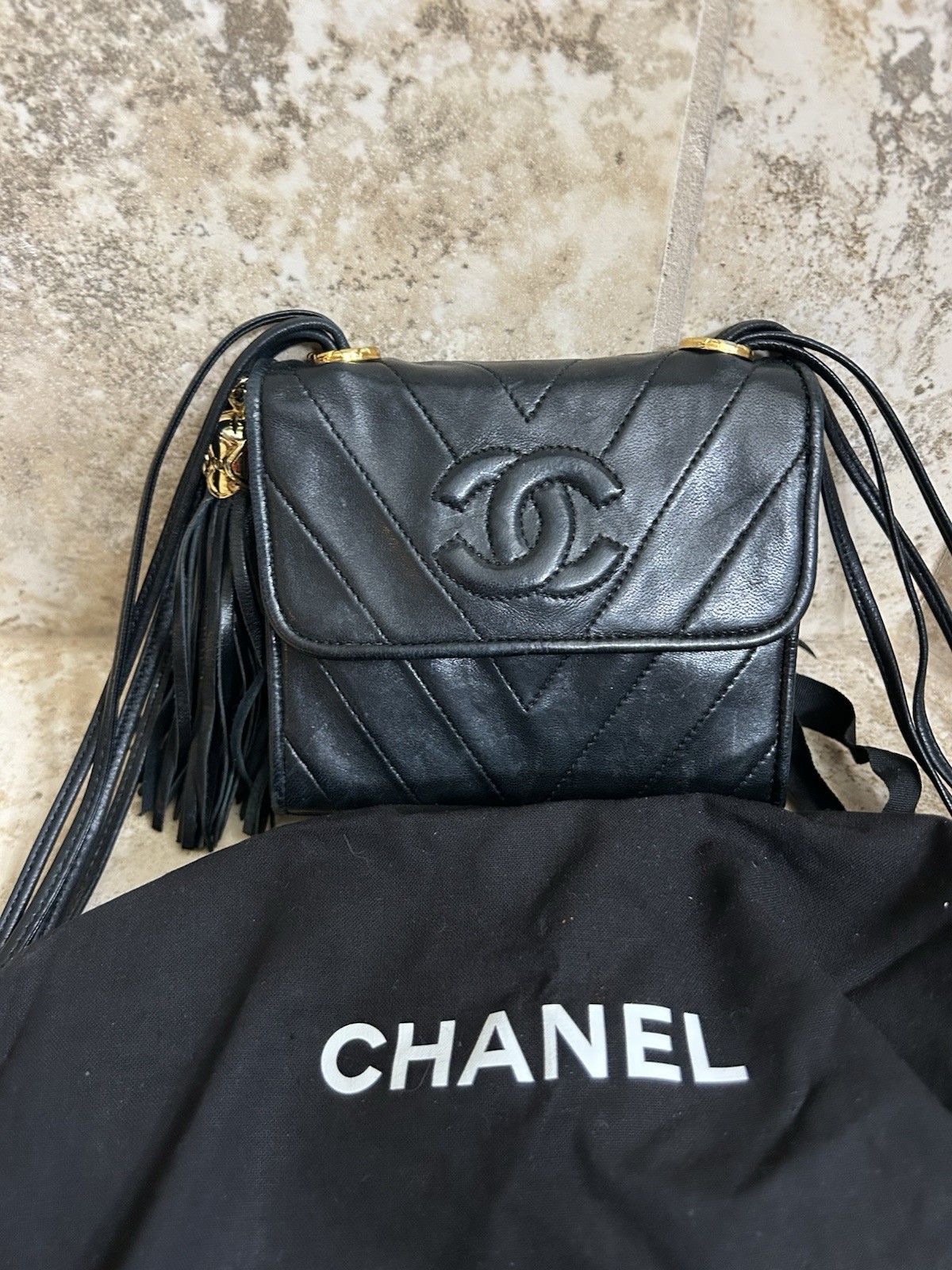 Chanel Vintage Chevron Tassel Mini Bag Flap Crossbody Black Lambskin Square