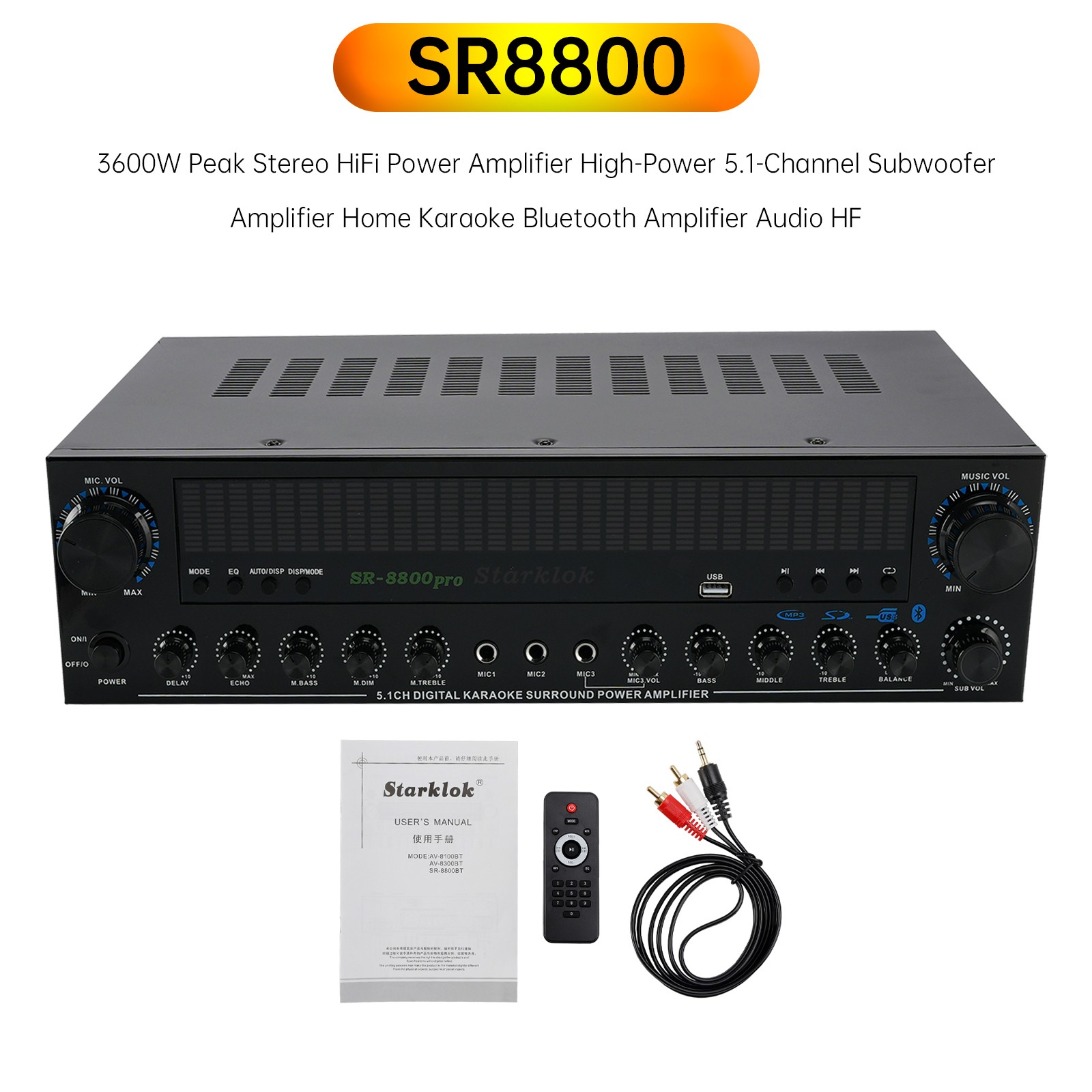 3600W Peak Stereo HiFi Power Bluetooth Amplifier High-Power 5.1 Subwoofer Home