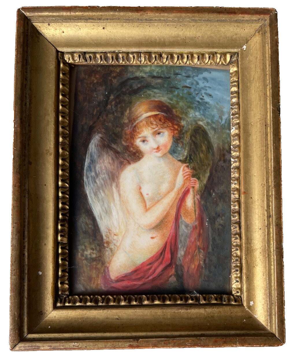 Antique French Miniature Angel Watercolor Gouache Early 1800s Gilt Wood Frame