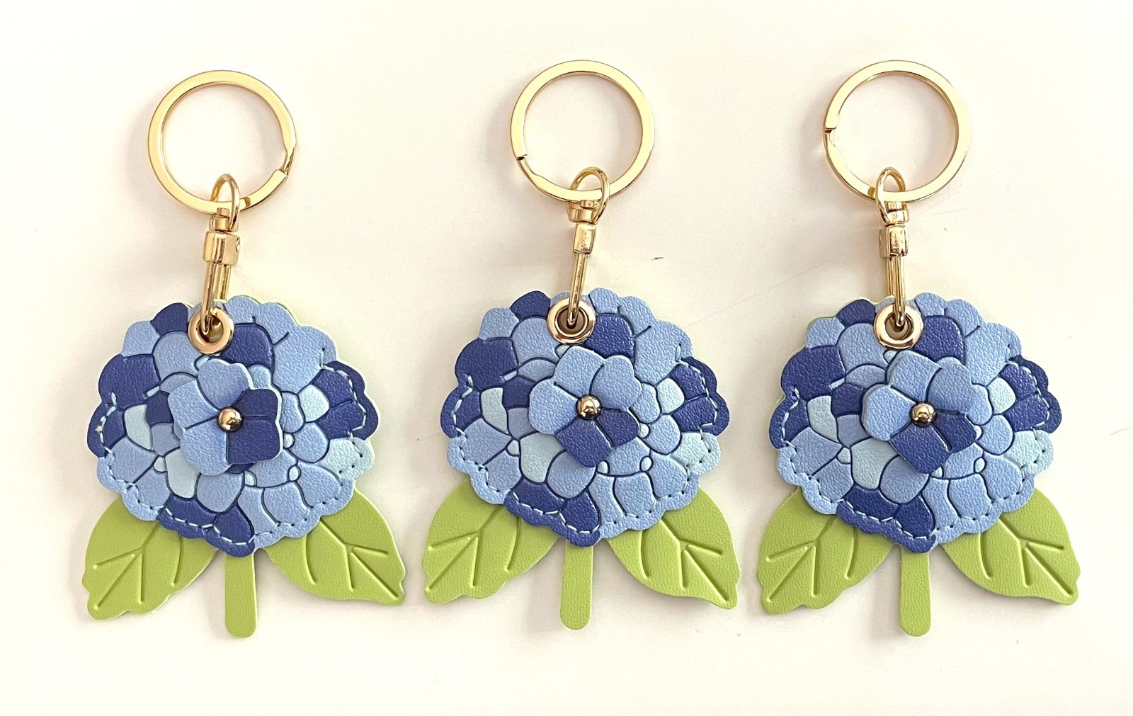 3 Faux Leather Nikko Blue Hydrangea Keychain AirTag Keyring Case Holders