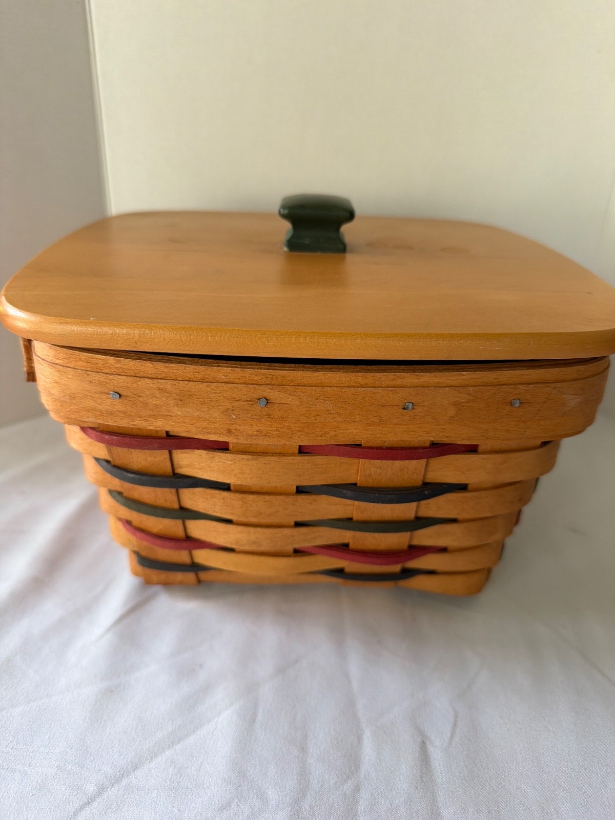 Longaberger woven basket with wood crafted lid and divided plastic protector