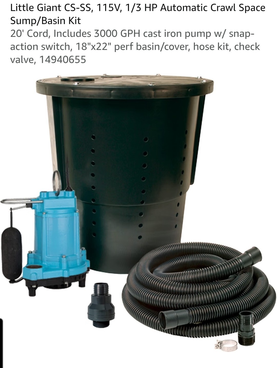 Little Giant CS-SS 1/3 HP 3000 GPH Sump Pump Pre-Packaged System 115V 14940655