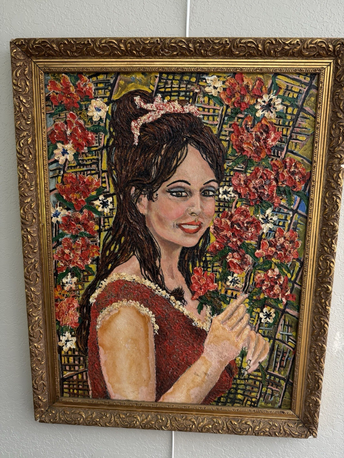 Vintage 1970 Original Impasto Portrait Painting Signed BIRÓN Woman Flowers Gold